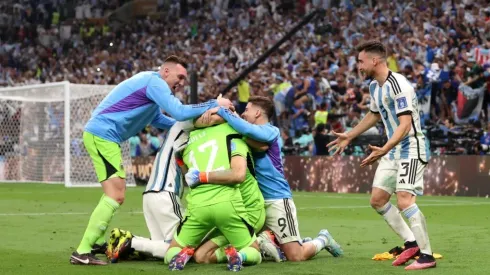 Argentina players celebrate the fourth and winning penalty by Gonzalo Montiel.