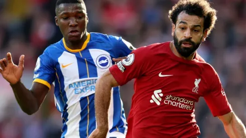 Moises Caicedo of Brighton and Mohamed Salah of Liverpool