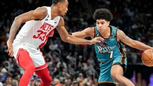 Nic Claxton of the Brooklyn Nets and Killian Hayes of the Detroit Pistons