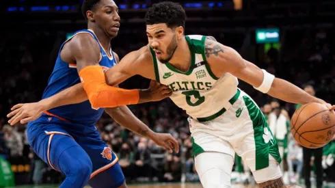 Jayson Tatum of the Boston Celtics against the New York Knicks