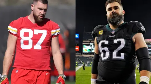 Travis Kelce of the Chiefs (left) and Jason Kelce of the Eagles (right)