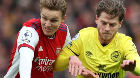 Martin Odegaard of Arsenal and Mathias Jensen of Brentford
