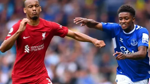 Fabinho of Liverpool and Demarai Gray of Everton