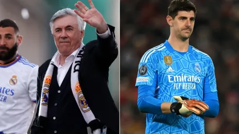 Karim Benzema (left), Carlo Ancelotti (c), and Thibaut Courtois.