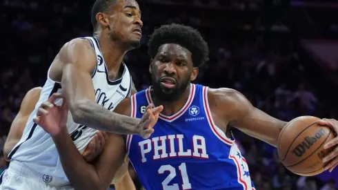 Nic Claxton of the Brooklyn Nets and Joel Embiid of the Philadelphia 76ers