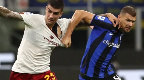 Gianluca Mancini of Roma and Edin Dzeko of Inter