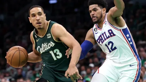 Malcolm Brogdon of the Boston Celtics and Tobias Harris of the Philadelphia 76ers