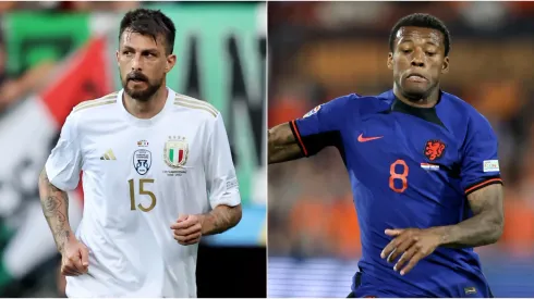 Francesco Acerbi of Italy (L) and Georginio Wijnaldum of Netherlands (R)