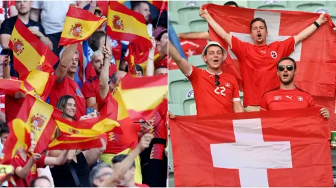 Spain fans waving flags (L) and Switzerland fans displaying flags (R)