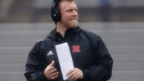 PISCATAWAY, NJ - APRIL 29: Player Development Assistant Cinjun Erskine of the Rutgers Scarlet Knights looks on during their Scarlet-White spring football game at SHI Stadium on April 29, 2023 in Piscataway, New Jersey. (Photo by Rich Schultz/Getty Images)