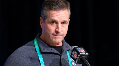 INDIANAPOLIS, INDIANA – MARCH 01: Head coach John Harbaugh of the Baltimore Ravens speaks to the media during the NFL Combine at Lucas Oil Stadium on March 01, 2023 in Indianapolis, Indiana. (Photo by Justin Casterline/Getty Images)