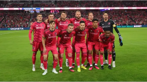 Members of St. Louis City SC starting 11 pose