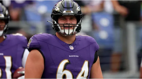 Center Tyler Linderbaum #64 of the Baltimore Ravens