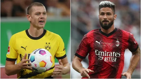 Julian Ryerson of Borussia Dortmund and Olivier Giroud of AC Milan