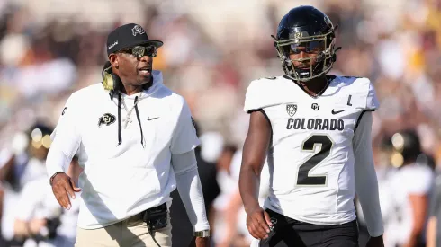 Colorado HC Deion Sanders and his son, QB Shedeur Sanders.