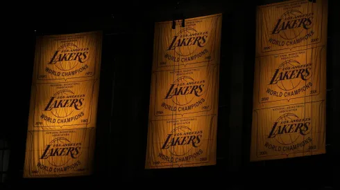 General view of the Los Angeles Lakers' championship banners.