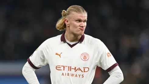 Erling Haaland of Manchester City looks dejected during the Premier League match between Aston Villa and Manchester City at Villa Park on December 06, 2023 in Birmingham, England.