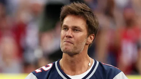Former New England Patriots quarterback Tom Brady speaks during a ceremony honoring him at halftime of New England's game against the Philadelphia Eagles at Gillette Stadium on September 10, 2023 in Foxborough, Massachusetts.