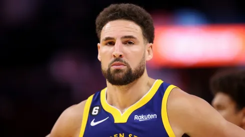 Klay Thompson looks on during a Warriors game.