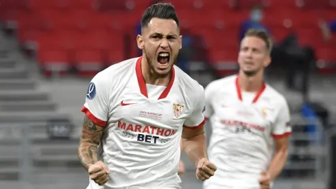Lucas Ocampos of Sevilla FC after scoring his team's first goal during the UEFA Super Cup match between FC Bayern Munich and FC Sevilla at Puskas Arena on September 24, 2020 in Budapest, Hungary. 20,000 fans have been allowed into the ground as COVID-19 restrictions ease. (Photo by Attila Kisbenedek - Pool/Getty Images)