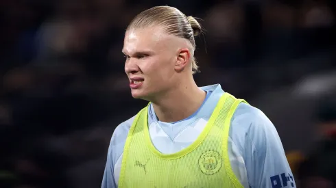 Erling Haaland of Manchester City looks on as he warms up prior to the Premier League match between Brentford FC and Manchester City at Brentford Community Stadium on February 05, 2024 in Brentford, England.