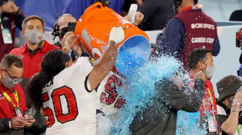 Gatorade being dumped on Bruce Arians, HC of the Buccaneers (Super Bowl LV)