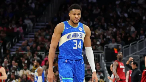 Giannis Antetokounmpo #34 of the Milwaukee Bucks walks backcourt during a game against the Miami Heat at Fiserv Forum on February 13, 2024 in Milwaukee, Wisconsin.