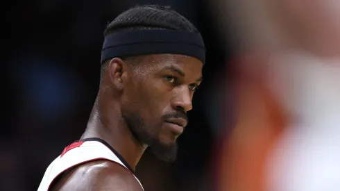 Jimmy Butler #22 of the Miami Heat reacts against the Washington Wizards during the first half at Capital One Arena on February 2, 2024 in Washington.
