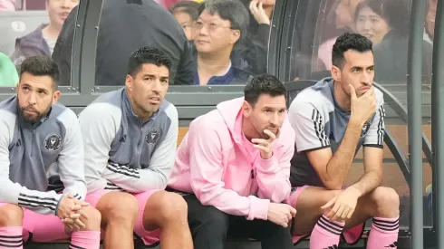 Lionel Messi (2R) of Inter Miami reacts during the preseason friendly match between Hong Kong Team and Inter Miami at Hong Kong Stadium on February 4, 2024 in Hong Kong, China.