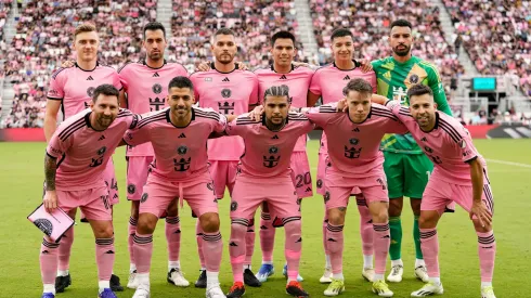 Lionel Messi #10 of Inter Miami CF and teammates pose prior to a game against the Orlando City SC at Chase Stadium on March 02, 2024 in Fort Lauderdale, Florida.