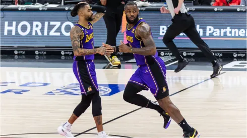 D'Angelo Russell and LeBron James getting back on defense.