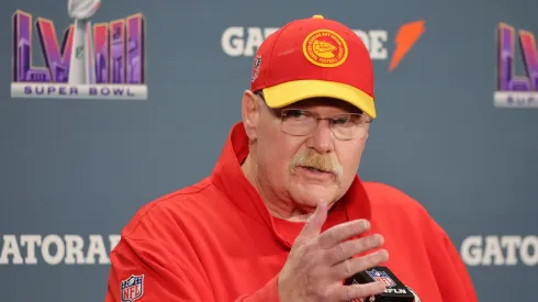 Head coach Andy Reid of the Kansas City Chiefs speaks with the media after the Kansas City Chiefs defeated the San Francisco 49ers 25-22 in overtime during Super Bowl LVIII at Allegiant Stadium on February 11, 2024 in Las Vegas, Nevada.