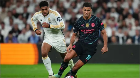 Jude Bellingham of Real Madrid and Rodri Hernandez of Manchester City
