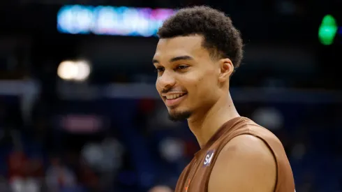 Victor Wembanyama #1 of the San Antonio Spurs participates in warmups prior to a game against the New Orleans Pelicans at Smoothie King Center on April 05, 2024 in New Orleans, Louisiana.