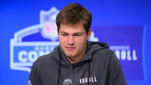 North Carolina quarterback Drake Maye answers questions from the media during the NFL, American Football Herren, USA Scouting Combine on March 1, 2024, at the Indiana Convention Center in Indianapolis, IN.
