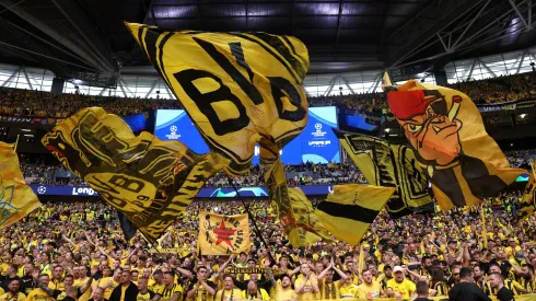 Borussia Dortmund fans show their support in the stands prior to the UEFA Champions League 2023/24 Final match between Borussia Dortmund and Real Madrid CF at Wembley Stadium on June 01, 2024 in London, England.