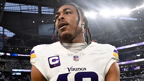 Justin Jefferson #18 of the Minnesota Vikings reacts after the team's 30-24 loss against the Detroit Lions at U.S. Bank Stadium on December 24, 2023 in Minneapolis, Minnesota.