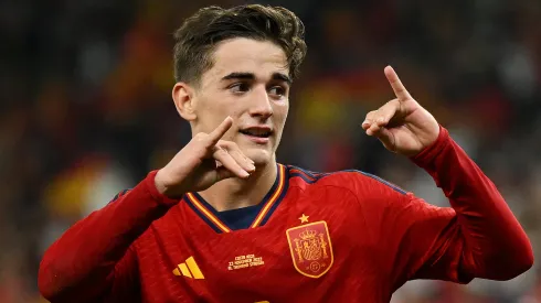 Gavi celebrates his goal with Spain during the 2022 Qatar FIFA World Cup