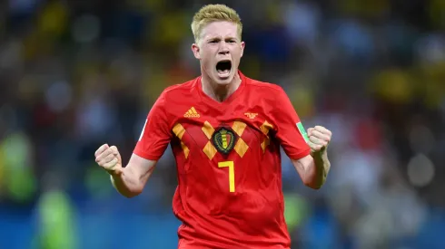 Kevin De Bruyne of Belgium celebrates following his sides victory in the 2018 FIFA World Cup Russia Quarter Final match between Brazil and Belgium