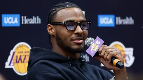 Bronny James #9 of the Los Angeles Lakers speaks with the media during a press conference at UCLA Health Training Center on July 02, 2024 in El Segundo, California.