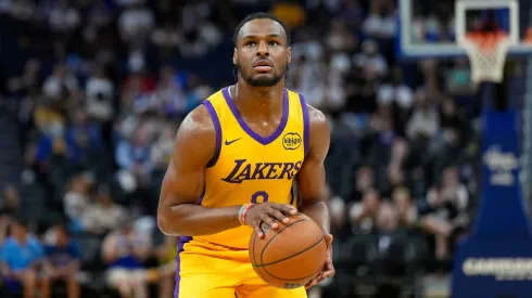 Bronny James Jr. #9 of the Los Angeles Lakers shoots a foul shot against the Sacramento Kings during the second half of the 2024 California Classic summer league game.