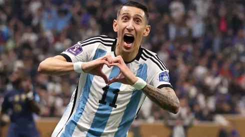 Angel Di Maria of Argentina celebrates after scoring the team's second goal past Hugo Lloris of France during the FIFA World Cup Qatar 2022 Final match between Argentina and France at Lusail Stadium on December 18, 2022 in Lusail City, Qatar