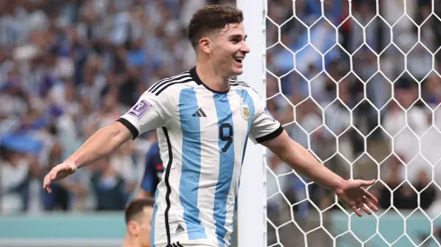 Julian Alvarez of Argentina celebrates after scoring the team's third goal during the FIFA World Cup Qatar 2022 semi final match between Argentina and Croatia at Lusail Stadium on December 13, 2022 in Lusail City, Qatar.