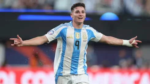 Julian Alvarez of Argentina celebrates after scoring the team's first goal during the CONMEBOL Copa America 2024 semifinal match between Canada and Argentina at MetLife Stadium on July 09, 2024 in East Rutherford, New Jersey.