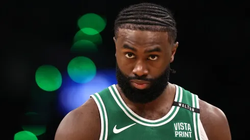 Jaylen Brown #7 of the Boston Celtics looks on during the second quarter of Game Five of the 2024 NBA Finals against the Dallas Mavericks