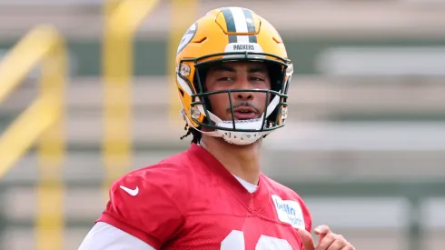 Jordan Love #10 of the Green Bay Packers participates in drills during the Green Bay Packers Minicamp at Ray Nitschke Field on June 04, 2024 in Green Bay, Wisconsin.
