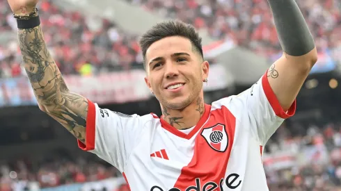 Enzo Fernandez greets River Plate fans during his tribute for the 2024 Copa America title with Argentina.