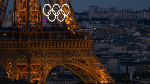 A general view of the Eiffel Tower with the Olympic Rings from the Arc de Triomphe ahead of the Opening Ceremony of the Paris 2024 Olympic Games on July 21, 2024 in Paris, France.