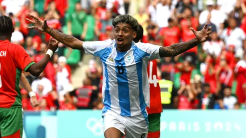 Cristian Medina #8 of Team Argentina celebrates scoring his team's second goal during the Men's group B match between Argentina and Morocco during the Olympic Games Paris 2024 at Stade Geoffroy-Guichard on July 24, 2024 in Saint-Etienne, France.