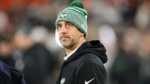 Aaron Rodgers #8 of the New York Jets looks on prior to playing the Cleveland Browns at Cleveland Browns Stadium on December 28, 2023 in Cleveland, Ohio.